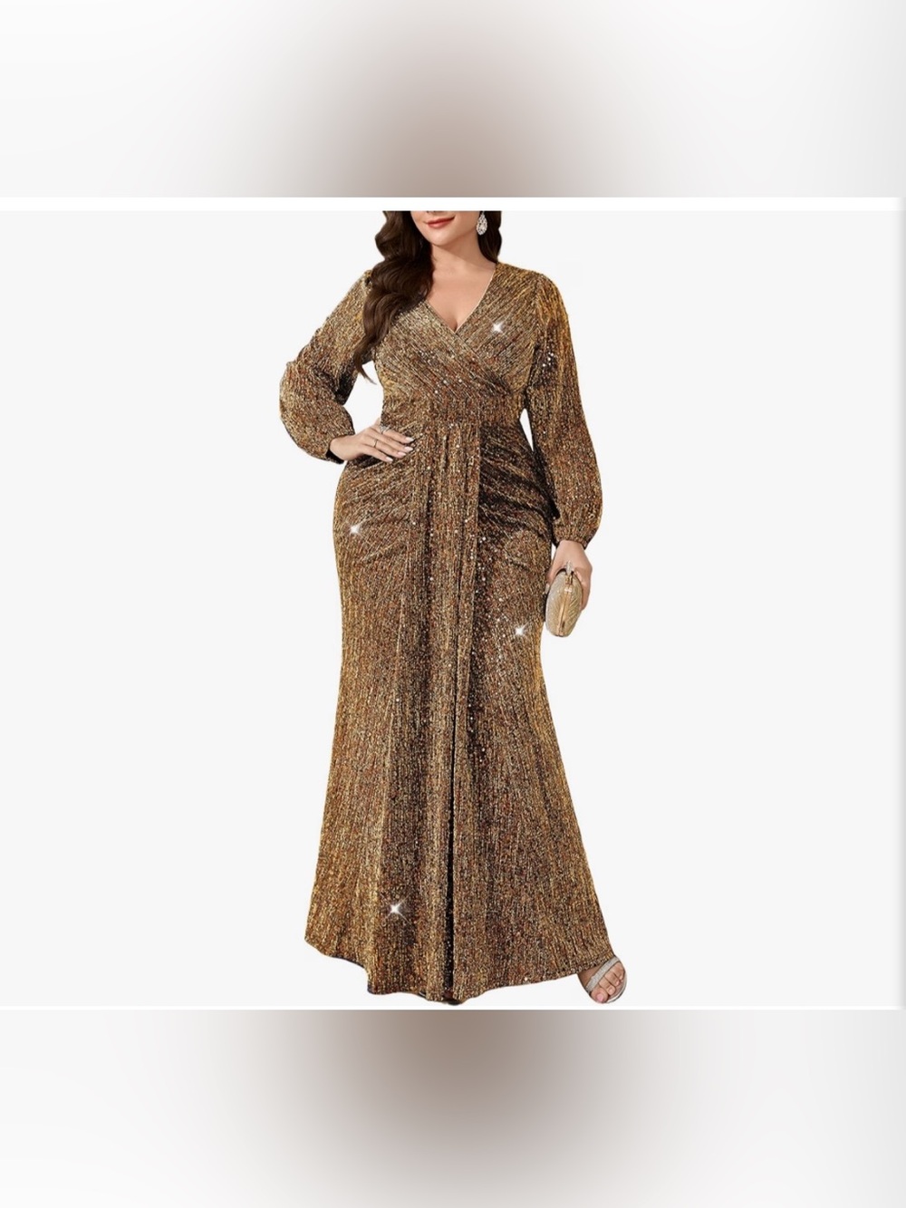 Tiaraly Gold Sequin V-Neck Long Sleeve Evening gown NEW avail Sz L Plus - 4XL P